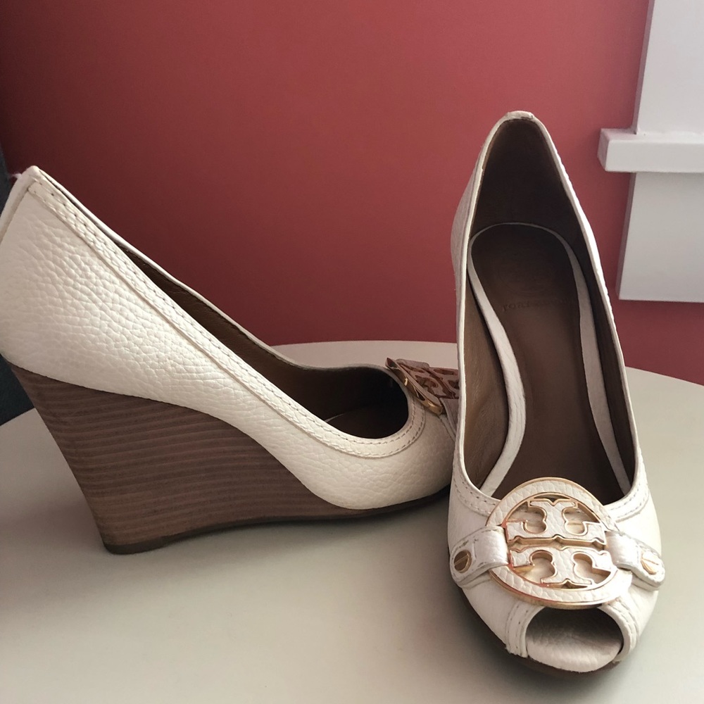 Tory Burch Peep Toe Wedge - Ivory